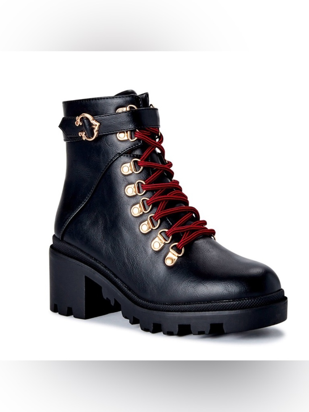 New In Box Designer Inspired Black Chunky Lug Sole Lace Up Boots with Red Laces